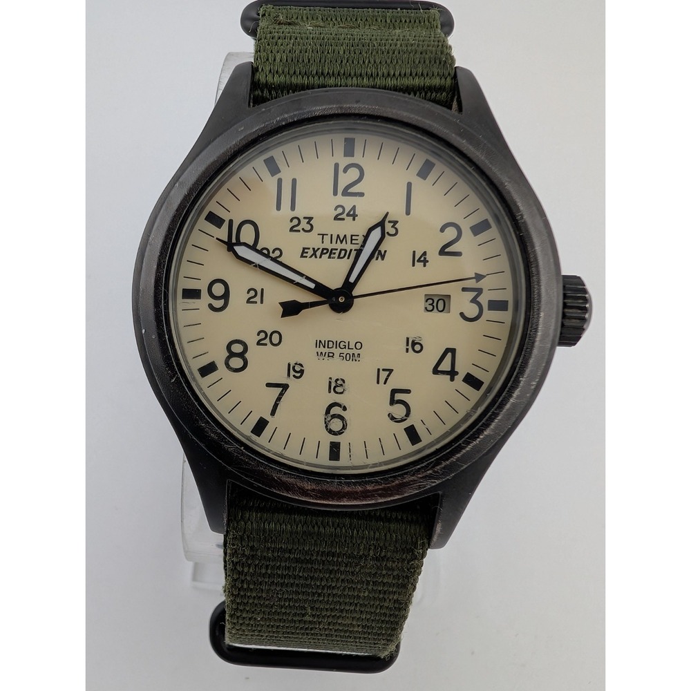 Timex Men's Expedition Scout 40mm Watch Cream Dial Green Band- New Battery